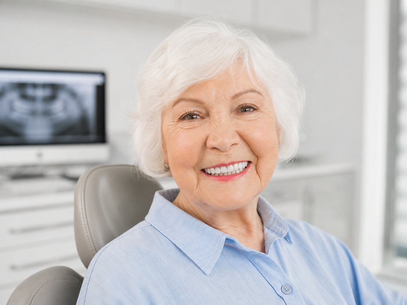 Anciana sonriendo después de tratamiento dental